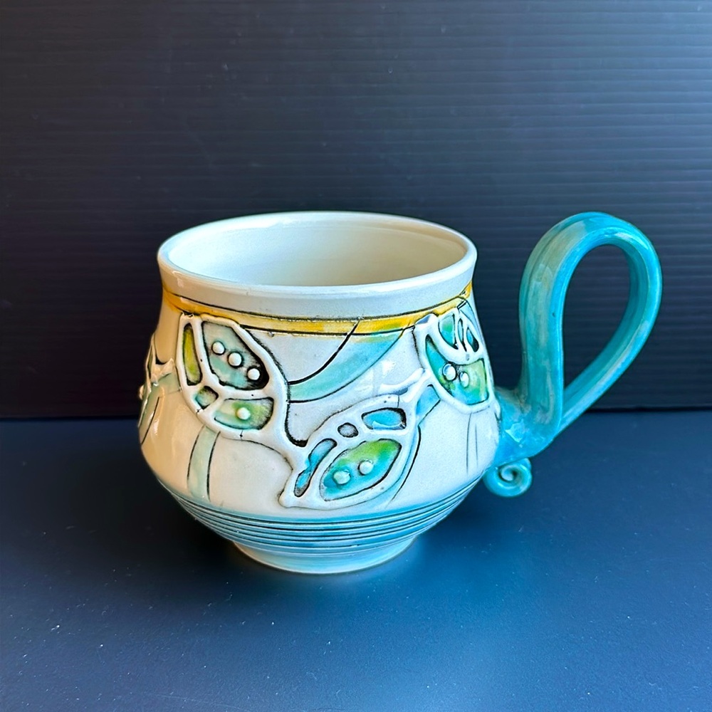 Bilyana Handmade Porcelain Ceramic Coffee Tea Mug Teal Blue Leaves Art Pottery